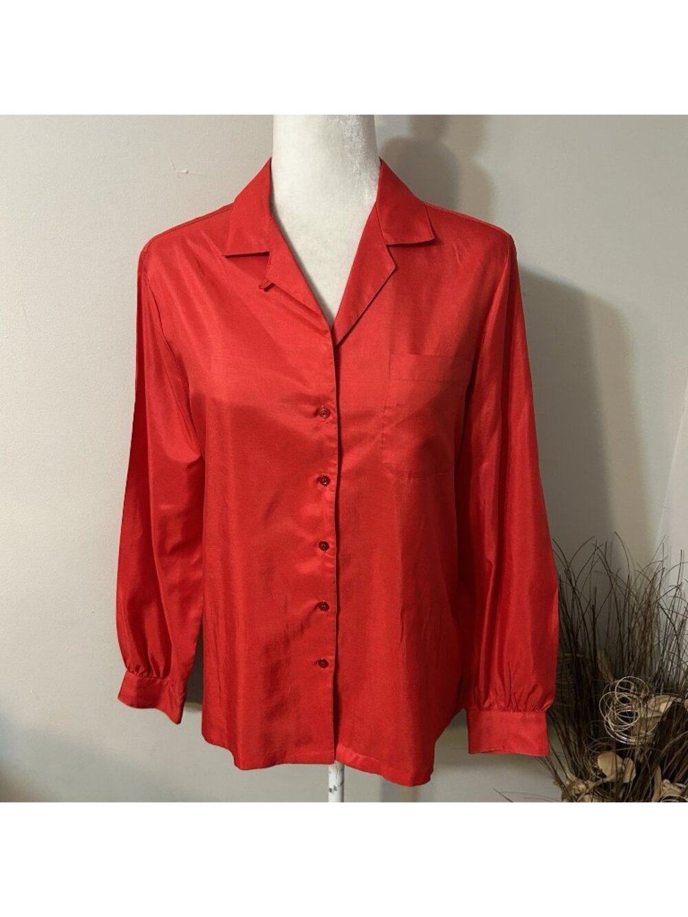 Vtg Silkhana Supreme by Lady Manhattan Button Up Blouse Red Long Sleeve Sz 12